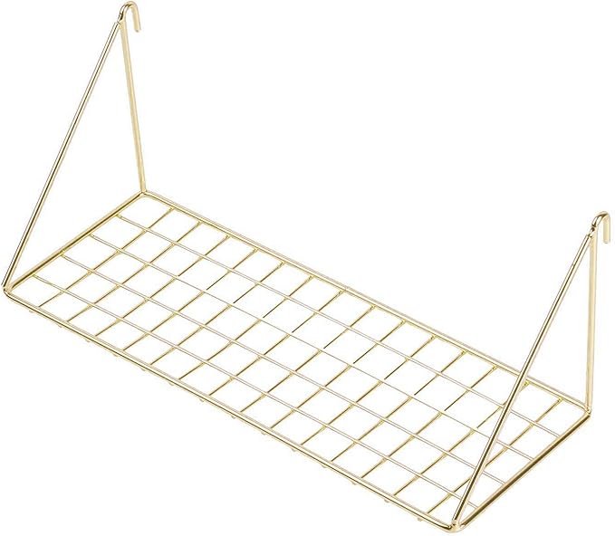 Straight Flat Display Shelf for Wall Grid Panel, Wire Hanging Organizer Rack Bin Storage Mountable, 11.8" Width x 4.3" Depth, Gold