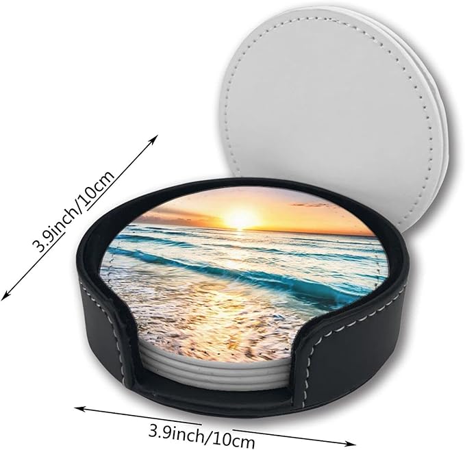 Ocean Theme Sand Beach Wave Sea Water Pattern Leather Drinks Coasters with Holder Set of 6, Suitable for Kinds of Cups