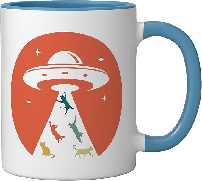 Cat UFO Funny Cat humor Kitten Owner UFO lover flying saucer Ceramic Mug, Blue/White