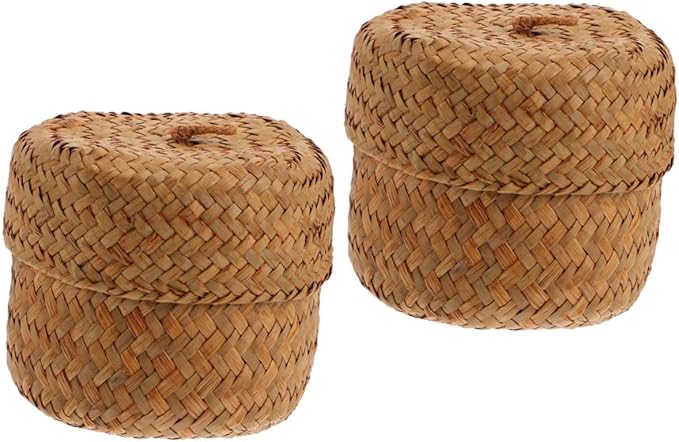 4pcs Hand Woven Seagrass Storage Baskets Lid Rustic Decorative Bins for Organizing Home Kitchen Party Supplies Lightweight Reusable Miniature Containers Yellow