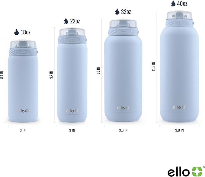 Ello Cooper 40oz Stainless Steel Water Bottle with Straw and Carry Handle, Double Walled and Vacuum Insulated Metal, Leak Proof Locking Lid with Soft Silicone Spout, Reusable, BPA Free, Halogen Blue