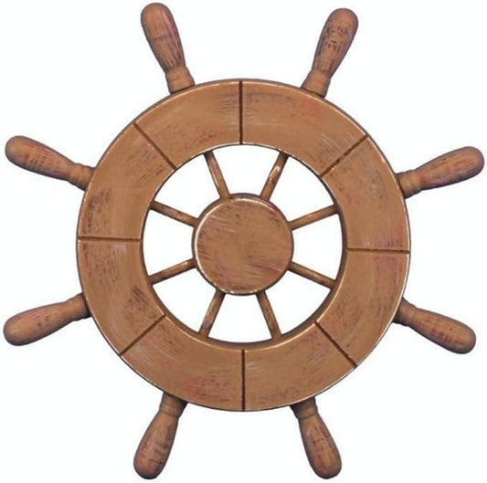 Hampton Nautical Wheel-9-107 Rustic Wood Finish Decorative Ship Wheel, 9"