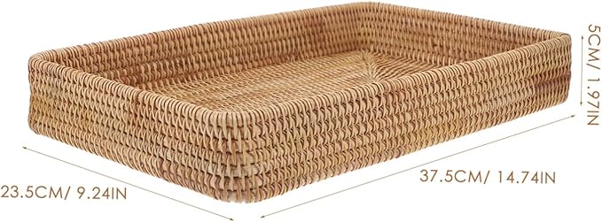 HEALLILY Rectangular Rattan Tray 14.76X9.25X1.96In Hand Woven Decorative Storage Organizer Serving Tray for Kitchen Coffee Table Bathroom