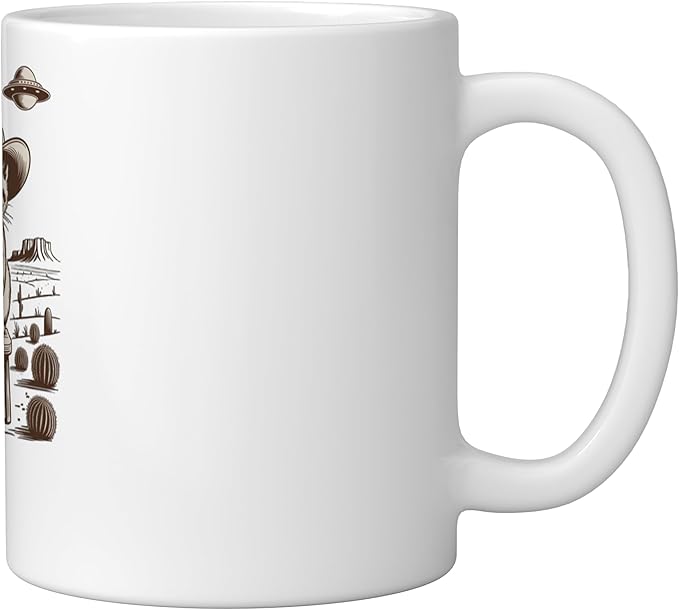 Retro Cowboy Cat UFO Desert Western Feline Art Ceramic Mug, White