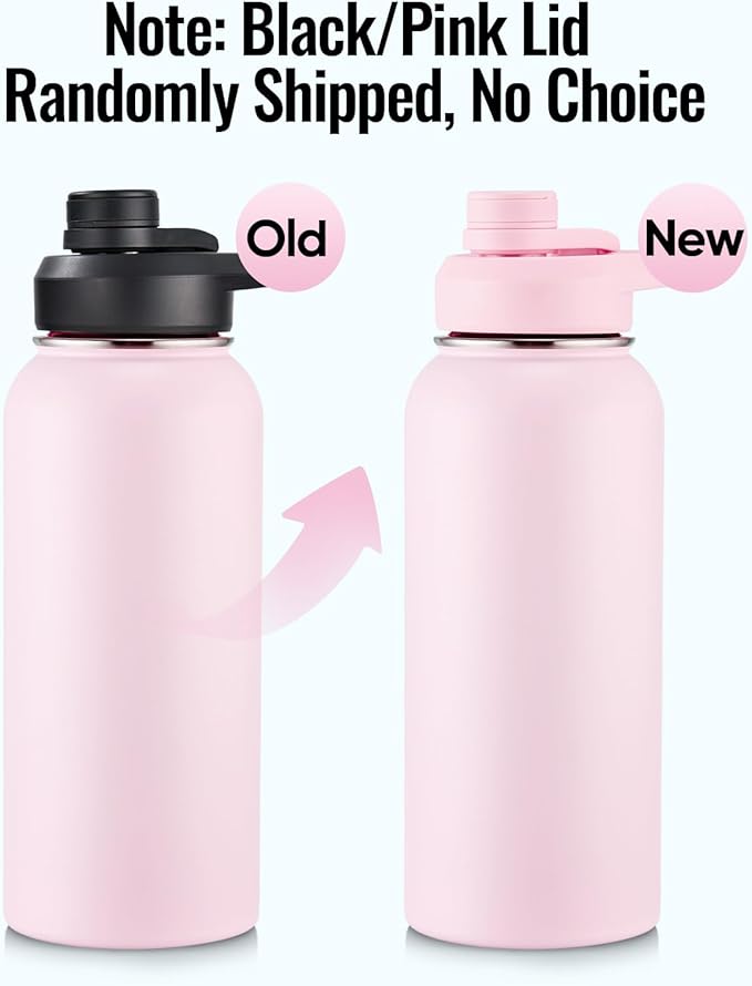 Fijinhom 32 oz Insulated Water Bottle with Handle, 304 Stainless Steel Water Bottles with Wide Mouth, Double Wall Vacuum Sports Water Bottle, BPA Free, Keep Cold and Hot, Pink