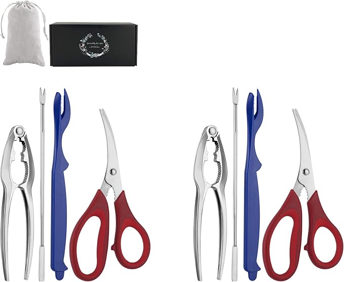 Seafood Tools Set Includes 2 Crab Crackers 2 Seafood Fork 2 Lobster Crackers 2 Seafood Scissors -Nutcracker Set（9 Piece ）