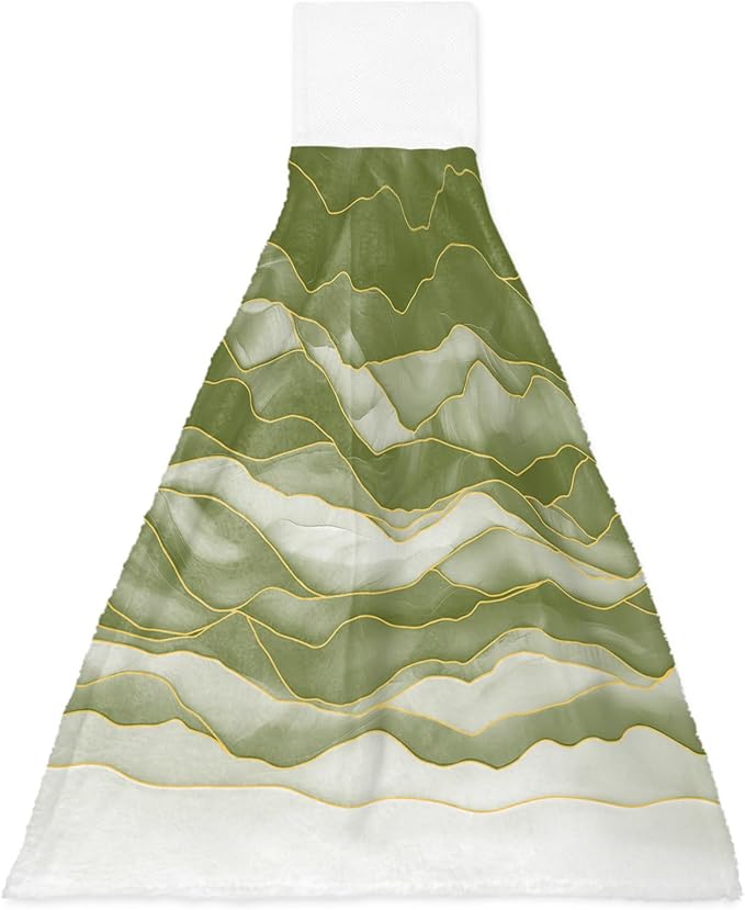 Alandar Home Kitchen Tie Towel Set of 1, Sage Green Waves Watercolor Gradients Absorbent Soft Hand Towels for Bathroom Hanging Towels, Abstract Geometric Fast Drying Cleaning Cloth with Loop