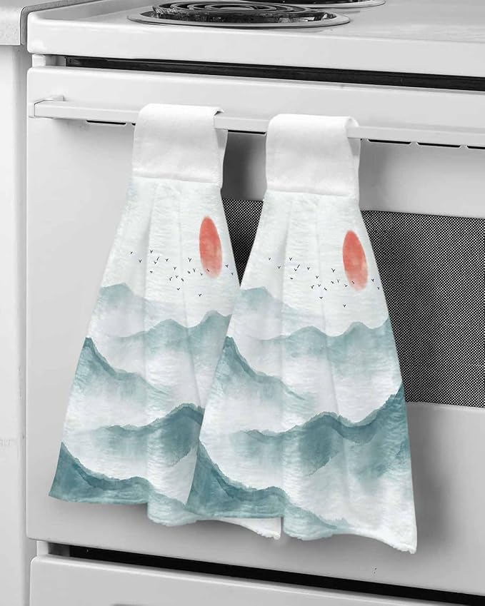 Alandar Home Kitchen Tie Towel Set of 2, Watercolor Mountains Landscape Absorbent Soft Hand Towels for Bathroom Hanging Towels, Asian Zen Painting Fast Drying Cleaning Cloth with Loop