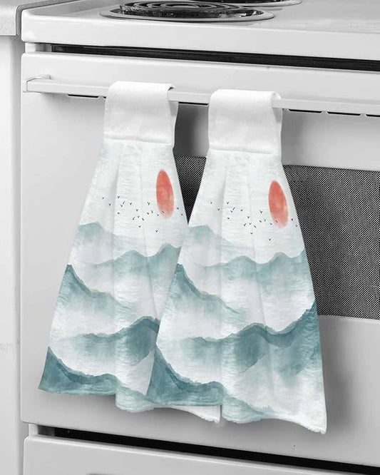 Alandar Home Kitchen Tie Towel Set of 2, Watercolor Mountains Landscape Absorbent Soft Hand Towels for Bathroom Hanging Towels, Asian Zen Painting Fast Drying Cleaning Cloth with Loop
