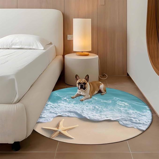 Washable Round Area Rug Beach Starfish Teal Sea Water Circle Rugs Floor Carpet for Living Room Bedroom, Summer Ocean Theme Soft Non Slip Round Rug 3ft