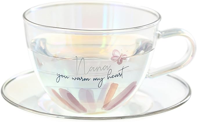 Pavilion Gift Company - Nana - 7-ounce Glass Teacup with Saucer Set, Iridescent Coffee Cup, Butterfly Teacup, Mother's Day Gift Ideas, Nana Mug, 1 Count - Pack of 2