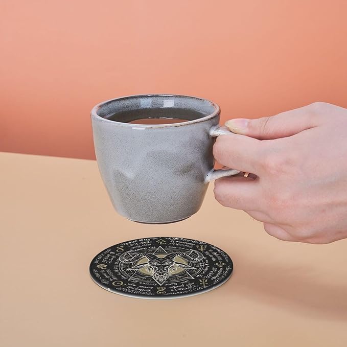 Satanic Goat Star Leather Drinks Coasters with Holder, Set of 6, Suitable for Various Cups