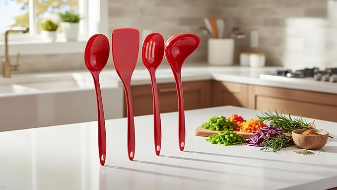 Reston Lloyd 100% Melamine Kitchen Utensil Set, Non Scratching Ladle, Spoon, Slotted Spoon & Spatula, Easy To Hold, Set of 4, Red