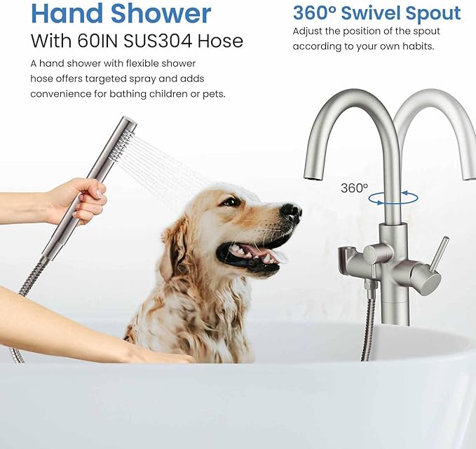 KIBI Circular Floor Mount Tub Filler with Hand Shower in Brushed Nickel | Solid Brass Single Handle Freestanding Bathtub Faucet with 360° Swivel Spout, Modern Bath Faucet for Tub and Shower (KTF301BN)