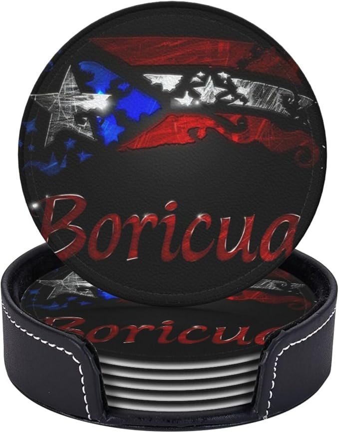 Puerto Rico Leather Drinks Coasters with Holder, Set of 6, Suitable for Various Cups