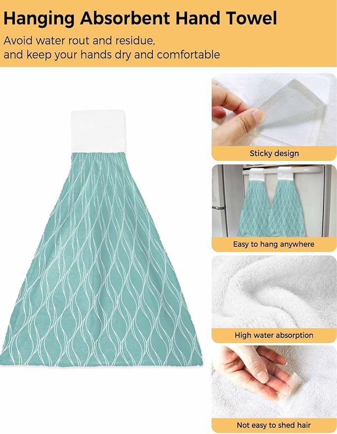 Alandar Home Kitchen Tie Towel Set of 2, White Wave Stripe on Teal Absorbent Soft Hand Towels for Bathroom Hanging Towels, Abstract Geometric Texture Fast Drying Cleaning Cloth with Loop