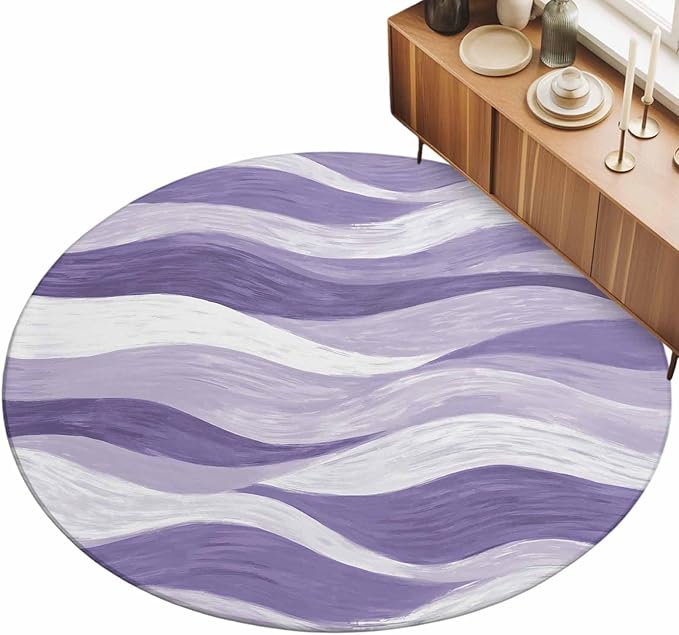 Washable Round Area Rug Abstract Lavender Purple White Water Ripples Circle Rugs Floor Carpet for Living Room Bedroom, Modern Art Soft Non Slip Round Rug 5ft