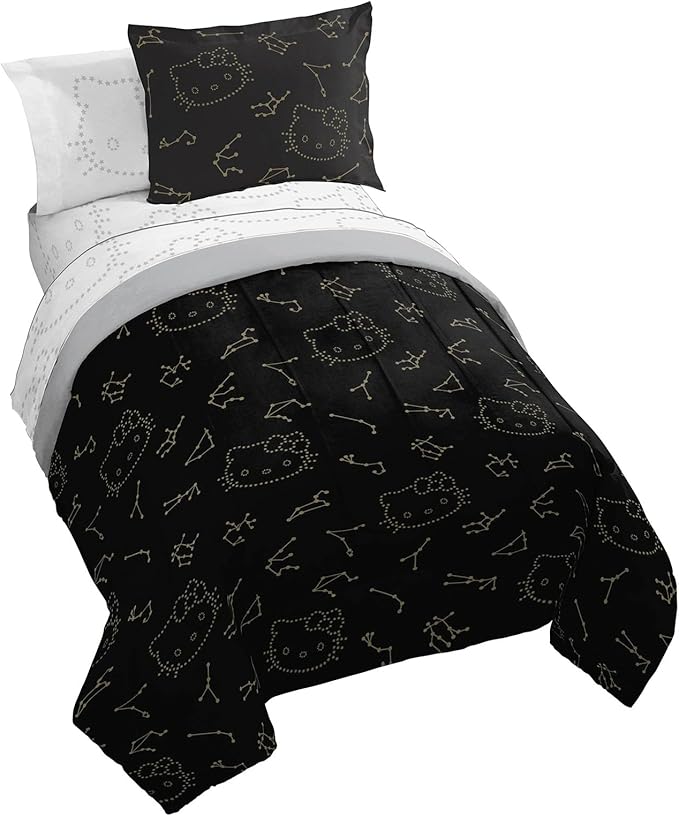 Jay Franco Hello Kitty Stars Twin Comforter Set - 5 Piece Bedding Includes Sheet Set & Pillow Covers - Super Soft Zodiac Black & Gold Bedding