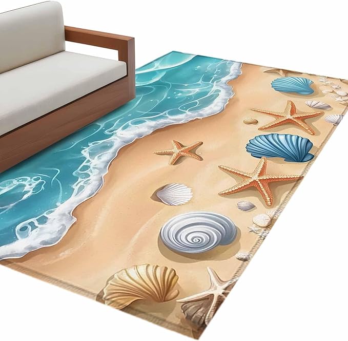 Area Rug 3x5ft, Summer Beach Shell Starfish Washable Rugs for Living Room Bedroom, Marine Life Cartoon Style Soft Non-Slip Area Rugs Rectangle Floor Carpet for Dining Room