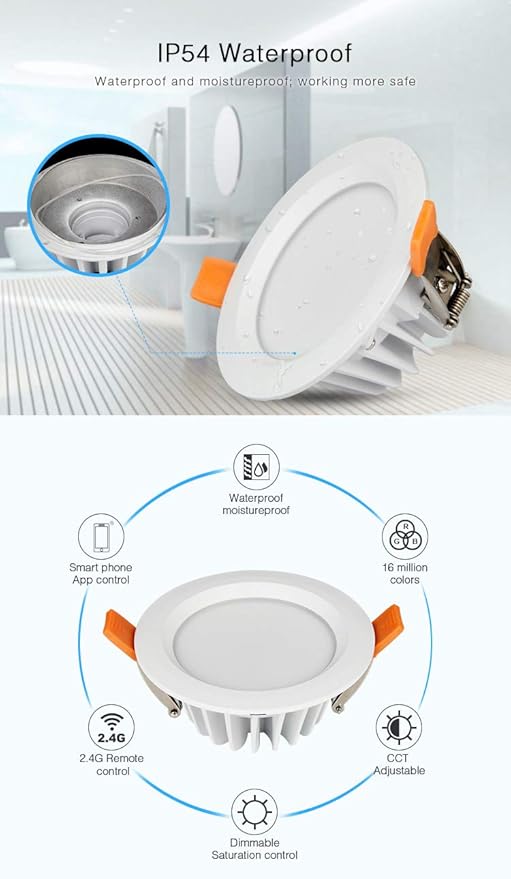 LGIDTECH FUT063 Miboxer RGB CCT 6W LED Recessed Ceiling Downlight 4 Inch AC100-240V IP54, Smartphone APP Control Via WL-Box2 Gateway(Sold Separately)