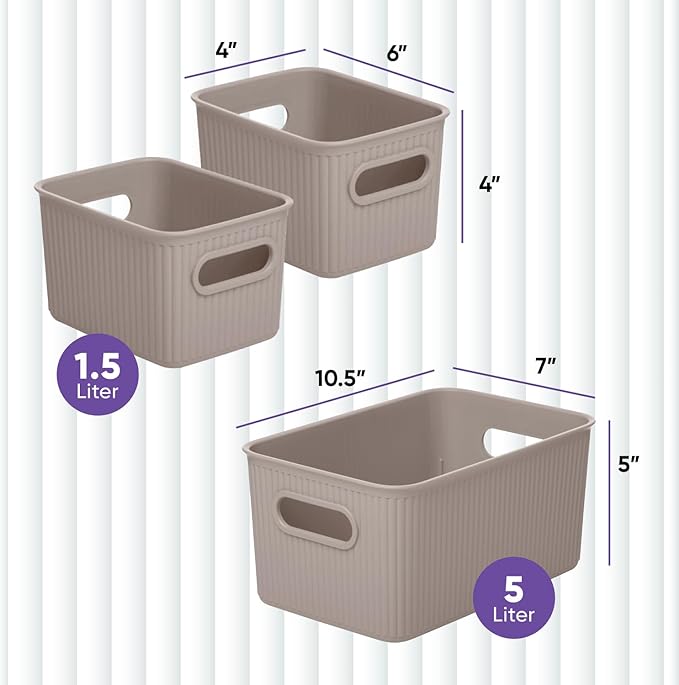 Superio Decorative Plastic Basket Open Home Storage Bins Organizer, Taupe (Set of 3) 1 Medium, 2 Small - Container Boxes for Organizing Closet Storage Bins for Shelves - Ribbed Collection