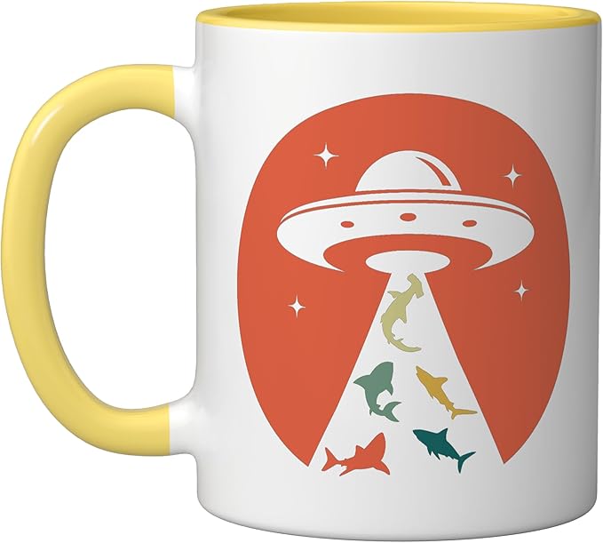 Funny UFO shark lover humor UFO lover flying saucer Ceramic Mug, Yellow/White