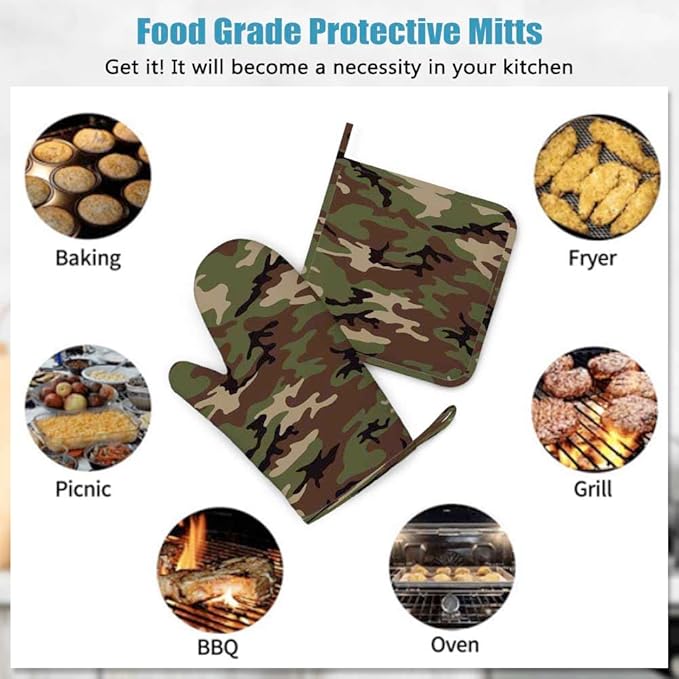 Mxocom Army Camouflage Oven Mitt and Pot Holder with Silicone Hunting Camo Green Hunter Heat Resistant Kitchen for Cooking BBQ Baking Grilling Spring/Summer