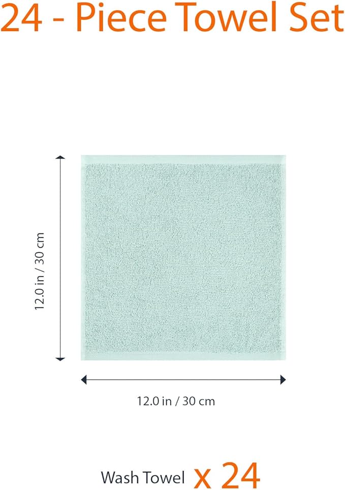 Amazon Basics Highly Absorbent 100% Cotton Washcloths for Bathroom, Fast Drying, Machine Washable, 12 x 12 inches, Ice Blue, 24-Pack