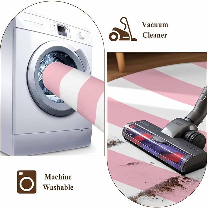 Washable Round Area Rug Pink White Stripe Circle Rugs Floor Carpet for Living Room Bedroom, Classic Geometric Line Soft Non Slip Round Rug 3ft