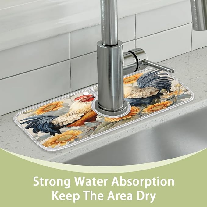 Vintage Country Rooster Sink Mat for Kitchen Faucet Absorbent Microfiber Faucet Mat Washable Sink Water Splash Guard Drip Catcher for Faucet