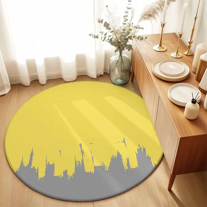 Washable Round Area Rug Abstract Yellow Grey Graffiti Circle Rugs Floor Carpet for Living Room Bedroom, Oil Painting Artwork Soft Non Slip Round Rug 5ft