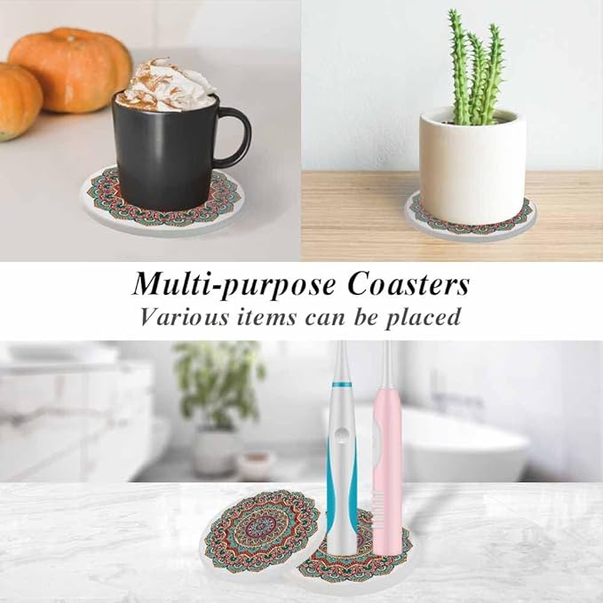 oFloral Ethnic Flower Coasters for Drinks Rustic Mandala Symmetry Cups Place Mats for Home Decor Set of 2, 4 Inch