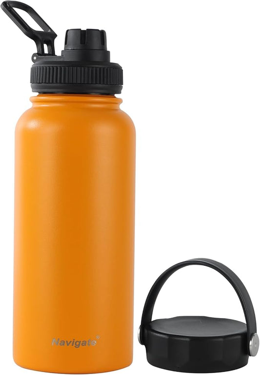 Navigate 32 oz Insulated Stainless Steel Sports Water Bottle with Spout & Handle Lids,Wide Mouth Water Jug with Double Walled Leak Proof Keep Cold for 24 Hrs Hot for 12 Hrs, Orange