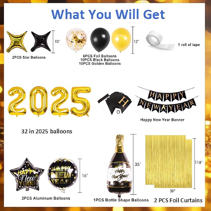 New Years Eve Party Supplies 2025, Gold and Black Balloons Supplies Set with 2025 Foil Balloon, Happy New Year Decorations 2025 Kit Latex Balloons New Year Banner Curtains Backdrop for NYE Decoration