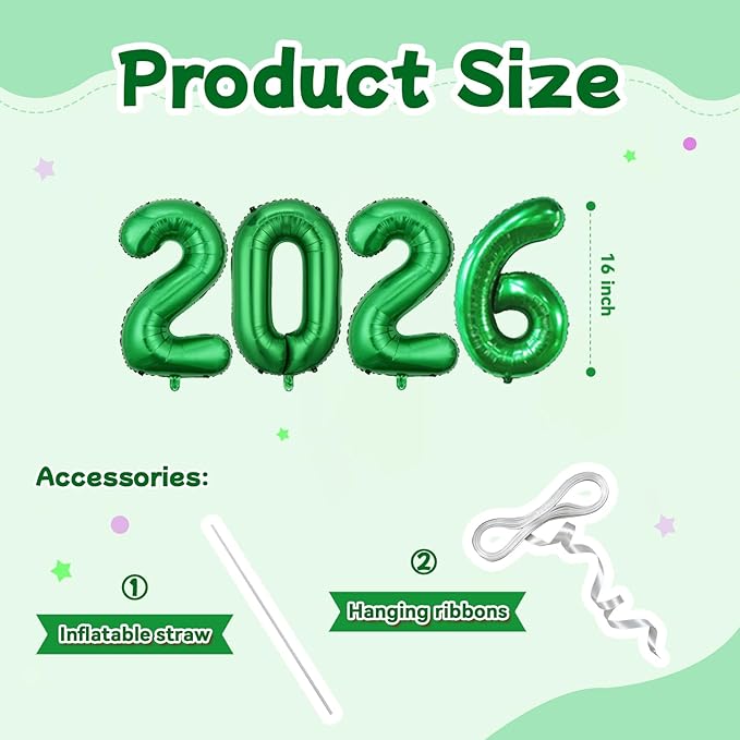Green 2026 Balloons, 16 Inch Foil 2026 Number Balloons, Grad Balloons for Class of 2026 Graduation Party, Green Matellic Foil New Year Birthday Home Office Party Supplies