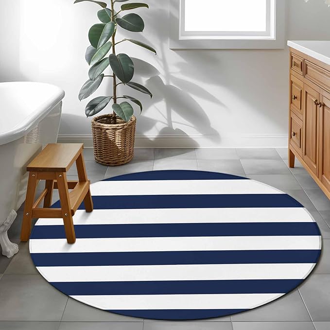 Washable Round Area Rug Nautical Black and White Stripes Circle Rugs Floor Carpet for Living Room Bedroom, Striped Soft Non Slip Round Rug 3ft
