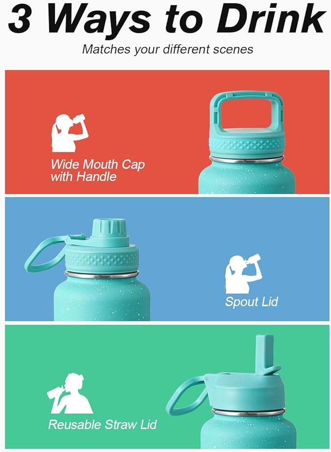 Coolflask Water Bottle 40 oz Insulated with Straw, Stainless Steel Metal 3 Lids Water Flask for Sports or Office, Keep Cold 48H Hot 24H, Glacier Blue