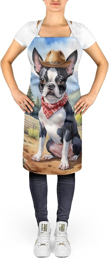 Caroline's Treasures Boston Terrier Cowboy Welcome Apron Cooking Kitchen Server Baking Crafts Gardening for Adult Women Men, Unisex, Large, Multicolor