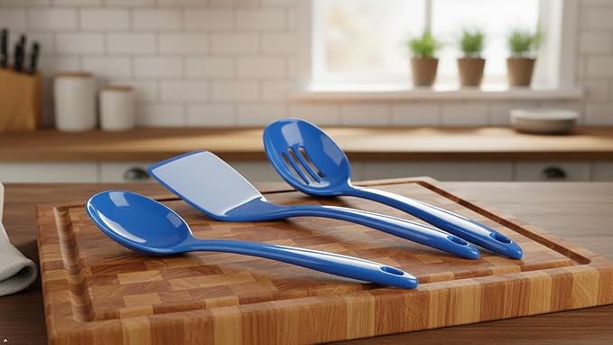 Reston Lloyd 100% Melamine Kitchen Utensil Set, Non Scratching Ladle, Spoon, Slotted Spoon & Spatula, Easy To Hold, Set of 4, Azure