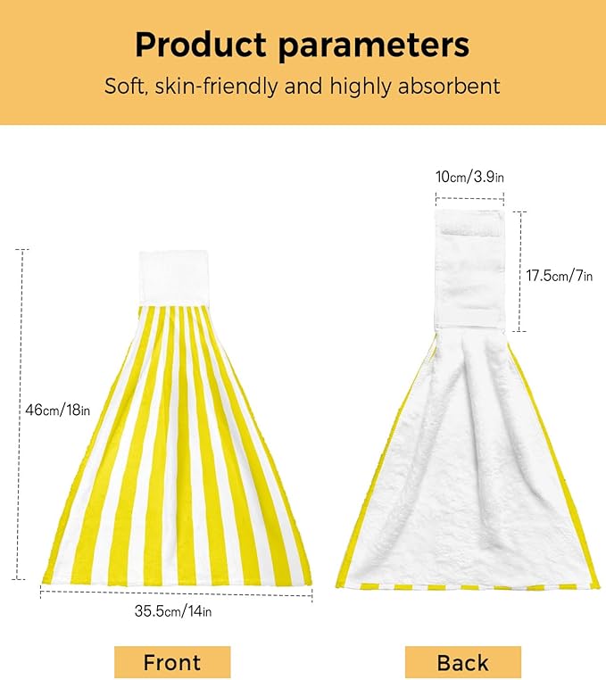 Alandar Home Kitchen Tie Towel Set of 2, Minimalist Modern Yellow White Stripe Absorbent Soft Hand Towels for Bathroom Hanging Towels, Simple Line Texture Fast Drying Cleaning Cloth with Loop