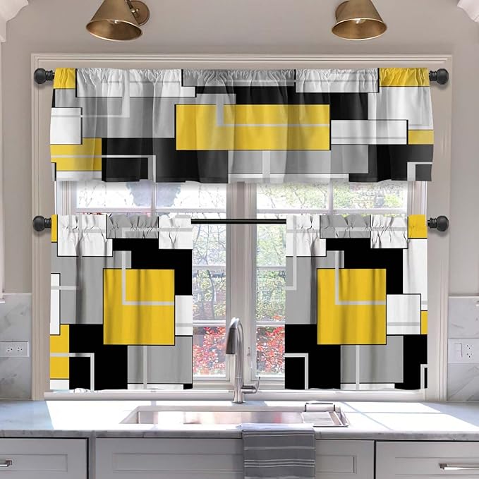 MCALK Yellow Blackout Kitchen Curtains Tiers and Valances Set 3 Piece for Windows Gold Geometric Modern Art Kitchen Window Curtains Set,Grey and Black Valances for Living Room(36" Tiers Set)