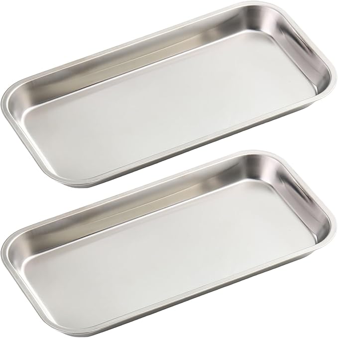 SUTOKAKA Decorative Serving Tray, Manicure Tools Storage Dish, Perfume Jewelry Dinner Placing Plate for Bedroom Kitchen Salon Supplies (Silver - 2PC, 8.86 * 4.61 * 0.79 INCH)