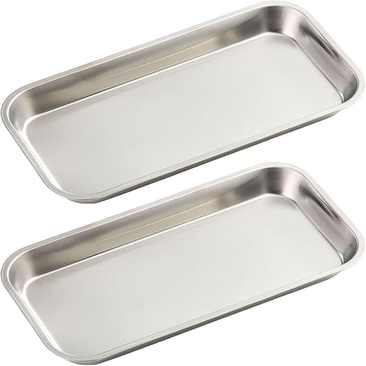 SUTOKAKA Decorative Serving Tray, Manicure Tools Storage Dish, Perfume Jewelry Dinner Placing Plate for Bedroom Kitchen Salon Supplies (Silver - 2PC, 8.86 * 4.61 * 0.79 INCH)