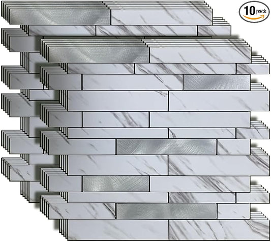 10-Sheet Peel and Stick Backsplash Tile, PVC Mixed Meta,l Stick on Kitchen, Bathroom Vanities, Fireplace Décor, Laundry Table(11.7" X 11.3") (White+Silver)
