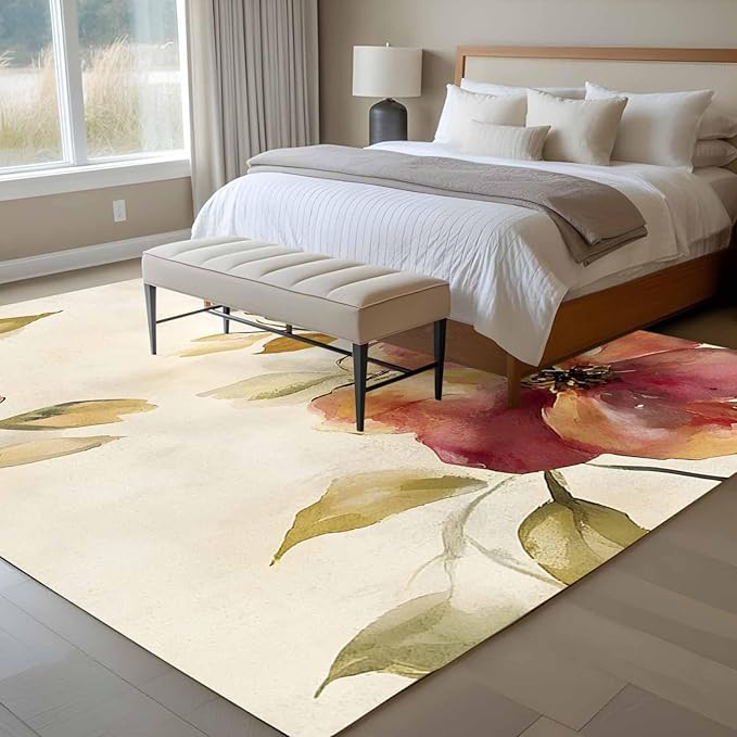 Area Rug 6x9ft, Oil Painting Style Flowers Washable Rugs for Living Room Bedroom, Vintage Country Floral Soft Non-Slip Area Rugs Rectangle Floor Carpet for Dining Room