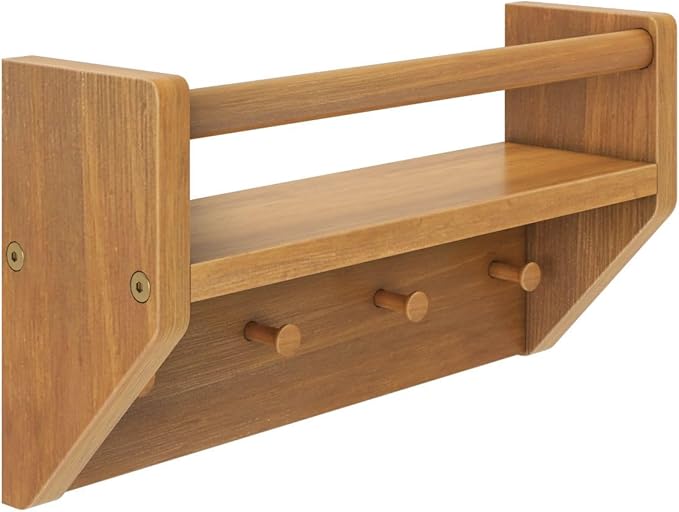 Max & Lily Wall Shelf with Pegs, 16 Inch Floating Bookshelf for Kids Room, Solid Wood Wall-Mounted Storage Shelf with Hooks for Backpacks, Jackets & Décor, Pecan