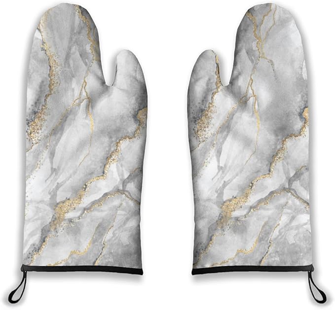 Oven Mitts Marble Heat Resistant Wear-resistant Easy Clean Grill Gloves with Thick Cotton Liner for Grilling Cooking Baking 2PCS