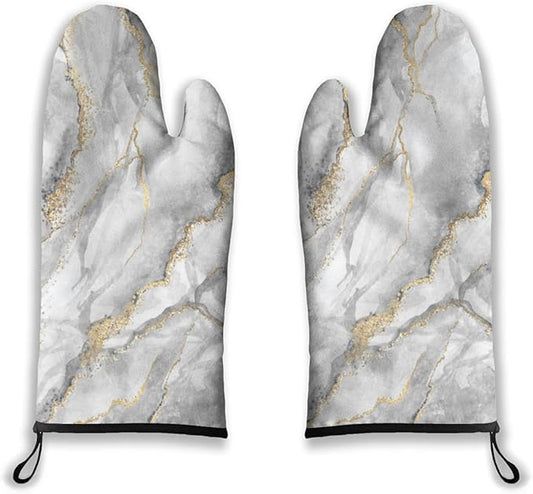 Oven Mitts Marble Heat Resistant Wear-resistant Easy Clean Grill Gloves with Thick Cotton Liner for Grilling Cooking Baking 2PCS