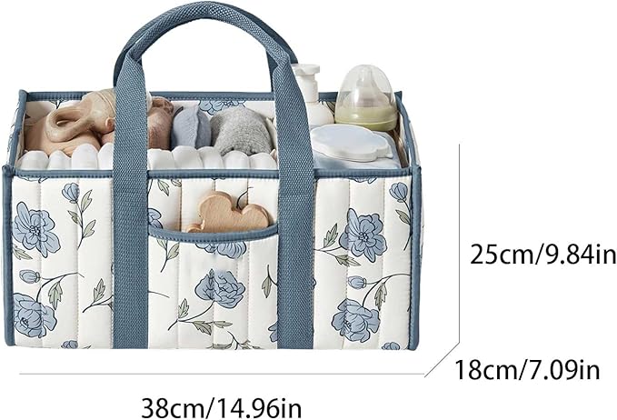 Quilted Fabric Storage Basket Floral Baby Diaper Caddy Quilted Basket for Nursery Bedroom Car Storage (L- Blue 02)