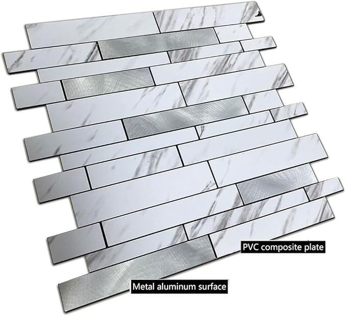 10-Sheet Peel and Stick Backsplash Tile, PVC Mixed Meta,l Stick on Kitchen, Bathroom Vanities, Fireplace Décor, Laundry Table(11.7" X 11.3") (White+Silver)